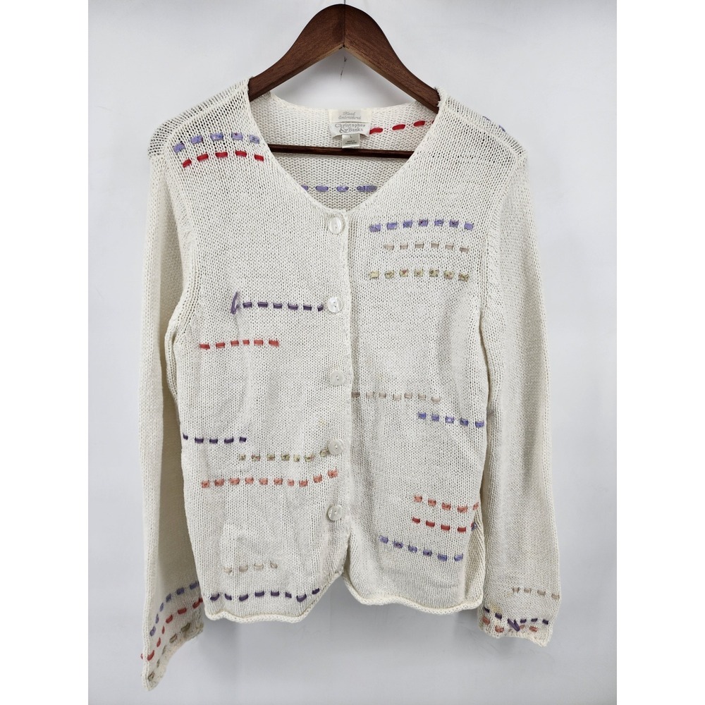 Christopher & Banks Hand Embroidered White Knit Cardigan Sweater Size L